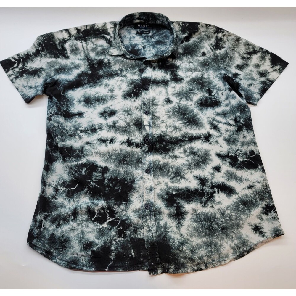 WESTY‎ Men's XL Tie Dye Button Up Shirt Short Sleeve Black White 100% Cotton